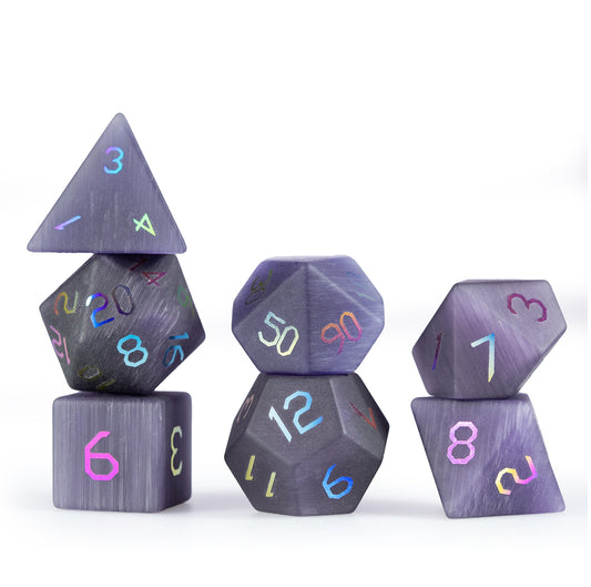 Violet Orchid Cat’s Eye Plated 7-Piece Polyhedral Dice Set