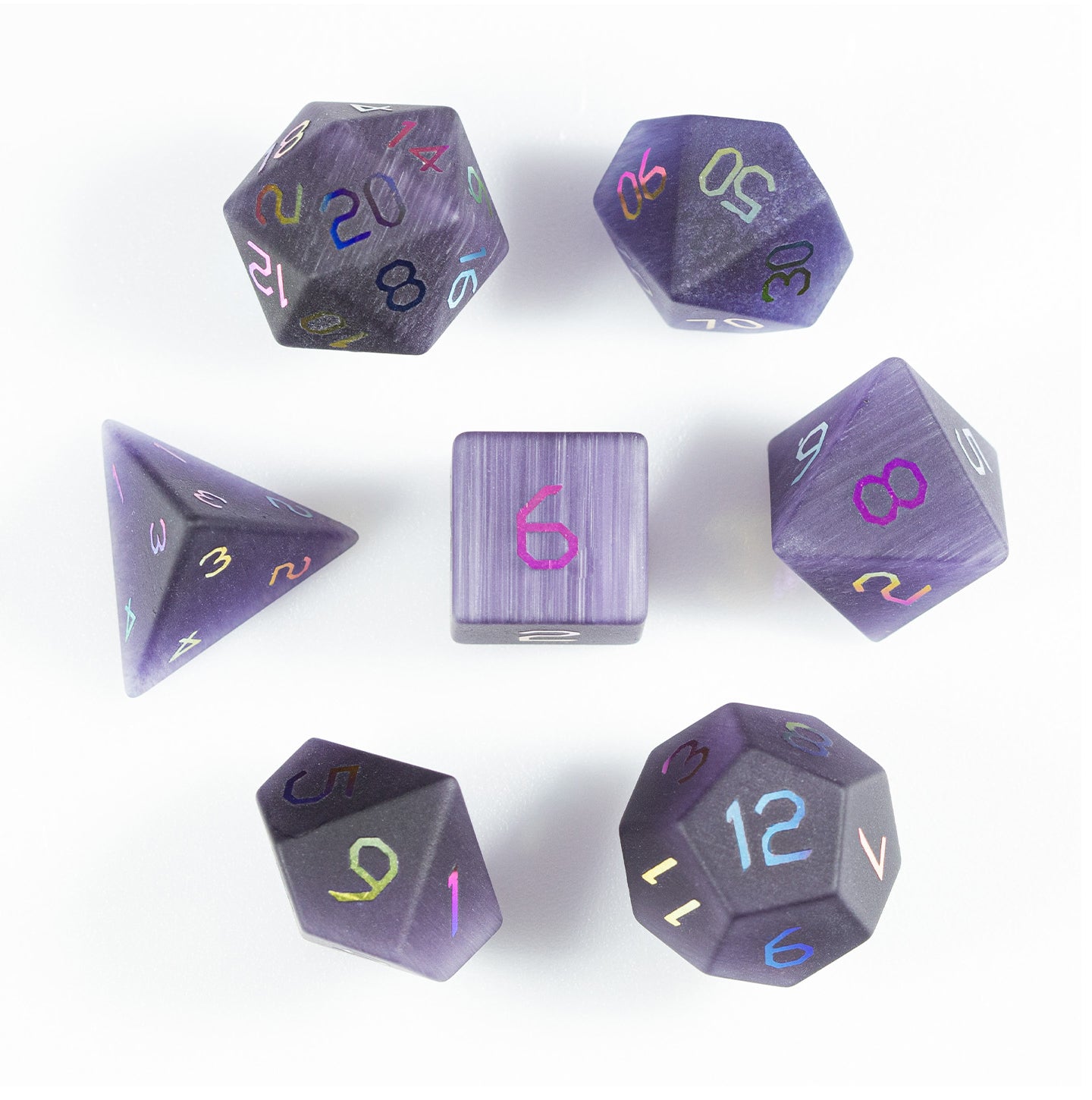 Violet Orchid Cat’s Eye Plated 7-Piece Polyhedral Dice Set