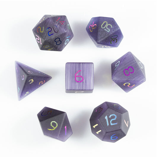 Violet Orchid Cat’s Eye Plated 7-Piece Polyhedral Dice Set