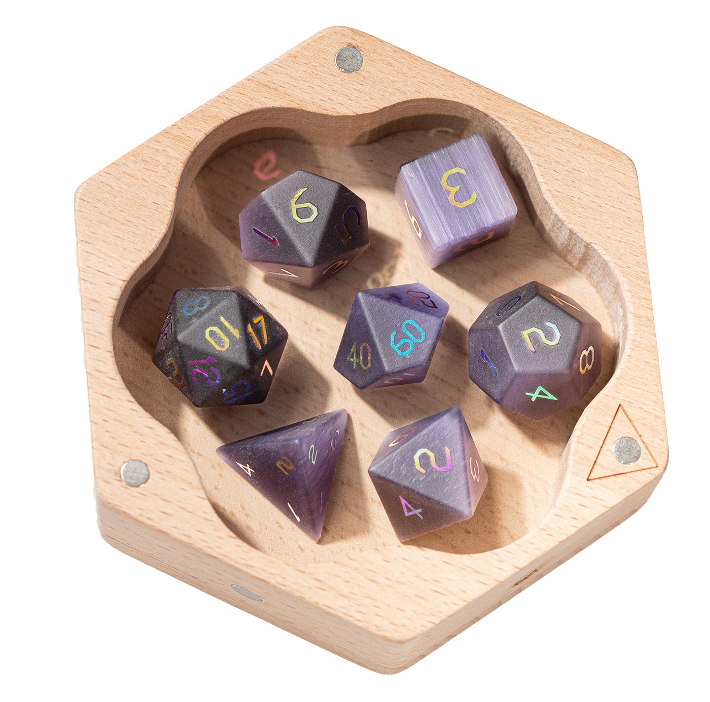 Violet Orchid Cat’s Eye Plated 7-Piece Polyhedral Dice Set