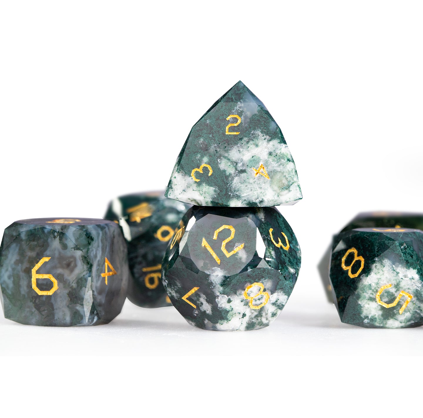 Moss Agate Diamond-Cut 7-Piece Dice Set