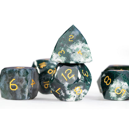 Moss Agate Diamond-Cut 7-Piece Dice Set