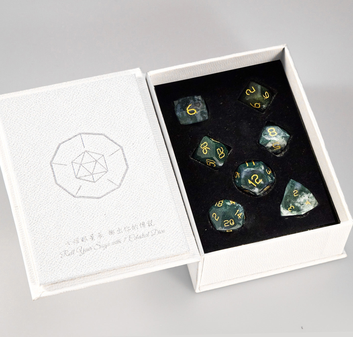 Moss Agate Diamond-Cut 7-Piece Dice Set