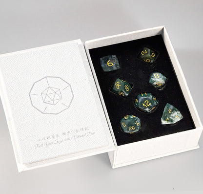 Moss Agate Diamond-Cut 7-Piece Dice Set