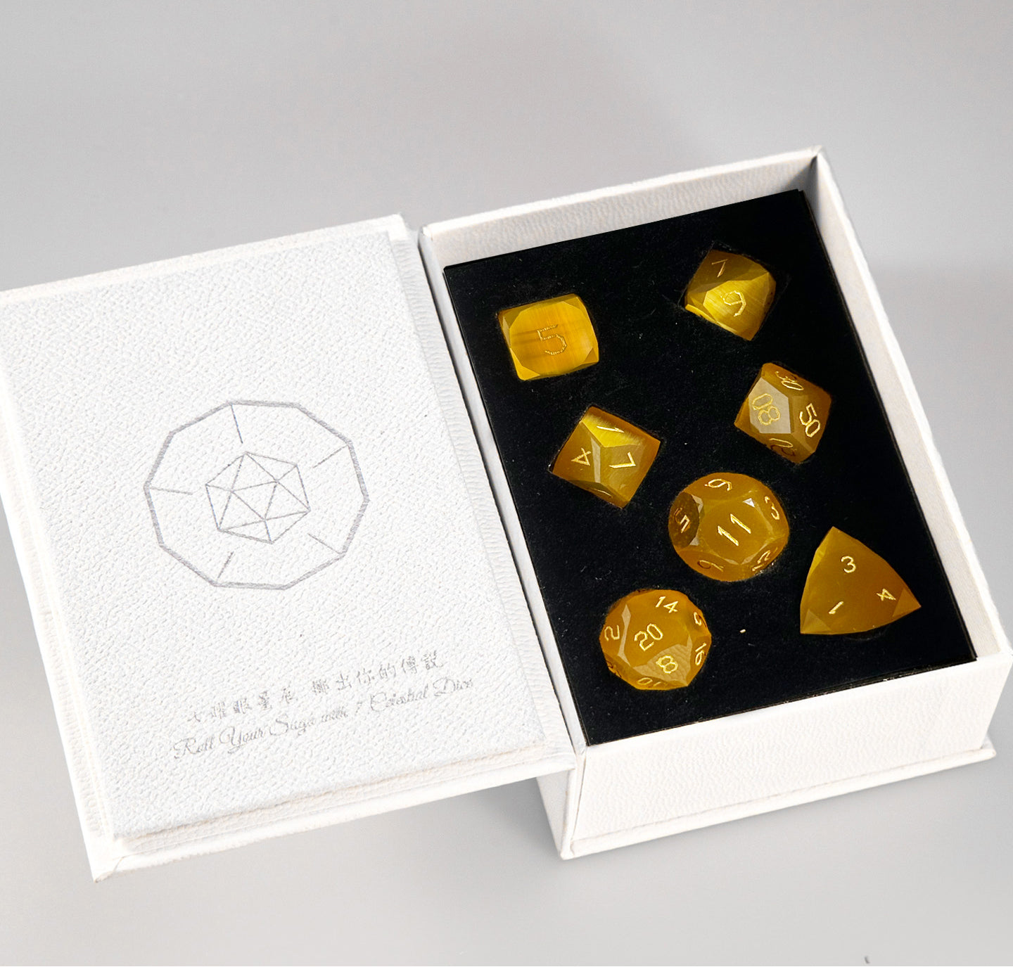 Yellow Cat’s Eye Crystal Diamond-Cut 7-Piece Dice Set