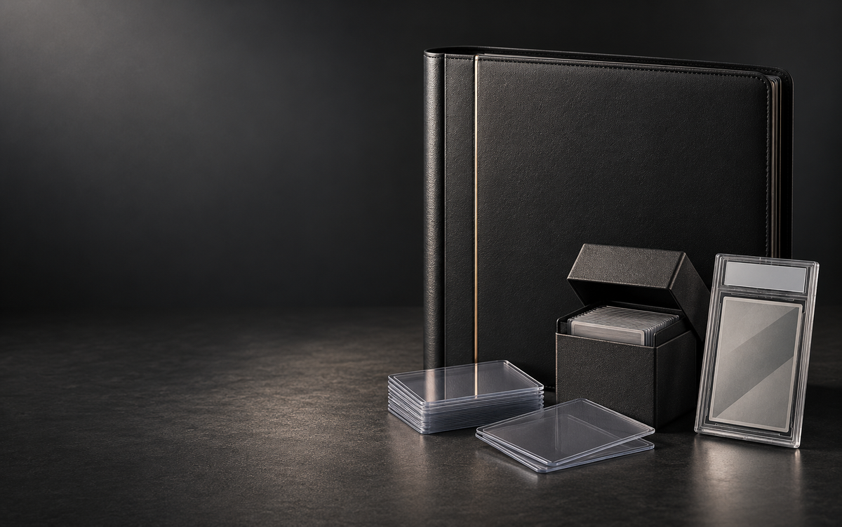 Premium card storage, protection and display accessories in a dark studio setting